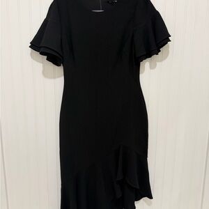 Black Halo Ruiz Asymmetrical Black Dress with Ruffle Sleeves NWT 10